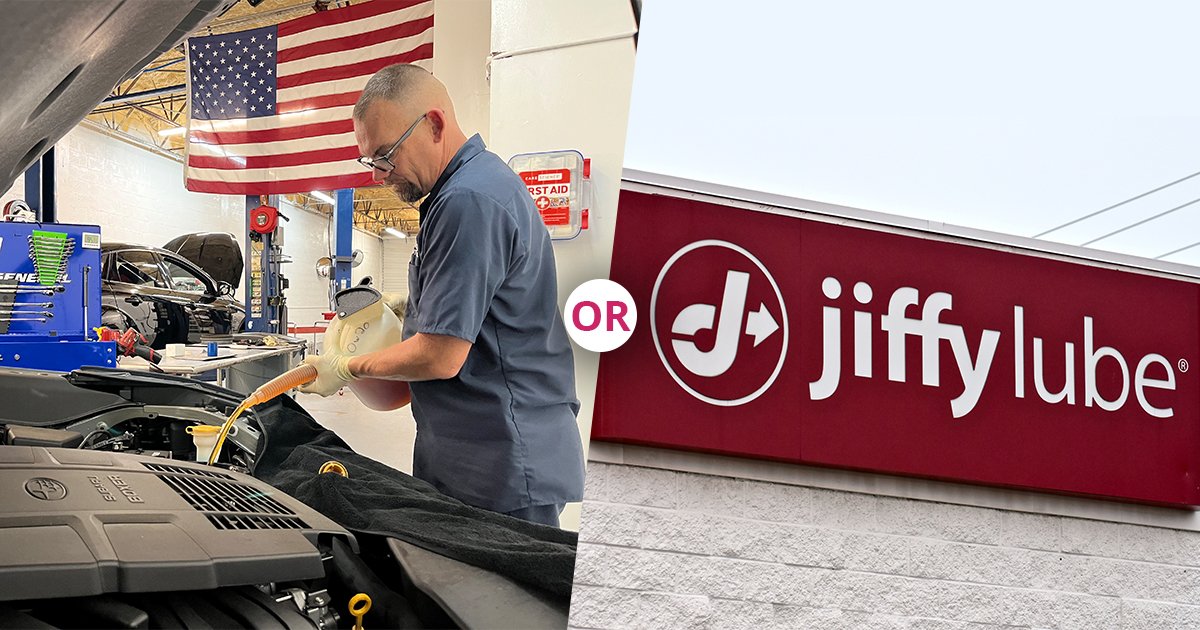 Oil Change in Boca Raton, FL by Boca Auto Fix. Split image comparing two oil change services: on the left, a mechanic at Boca Auto Fix is pouring oil into a car engine, highlighting the vehicle maintenance service; on the right, the exterior sign of a Jiffy Lube service center, known for quick oil changes.