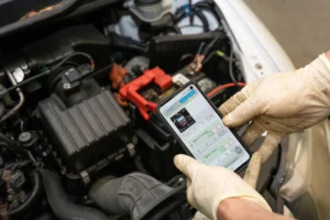 A gloved hand holds a smartphone displaying a battery maintenance checklist, positioned above an open car engine with visible battery terminals and cables—highlighting expert service from Boca Auto Fix, the best auto repair near me in Boca Raton, FL.