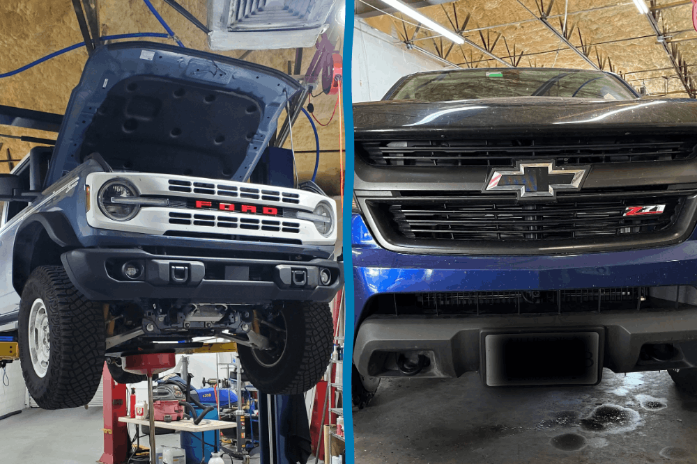 Ford and Chevrolet repair, auto repair in Boca Raton, FL, at Boca Auto Fix. Image of Ford Bronco and Chevrolet Silverado receiving professional maintenance and repair services, showcasing expert domestic vehicle diagnostics, maintenance, and repairs for Ford and Chevrolet trucks and SUVs.