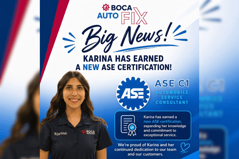 Service consultant, auto repair in Boca Raton, FL, at Boca Auto Fix. Boca Auto Fix announces that team member Karina has earned her ASE C1 Automobile Service Consultant certification, recognizing her commitment to exceptional customer service and automotive expertise.